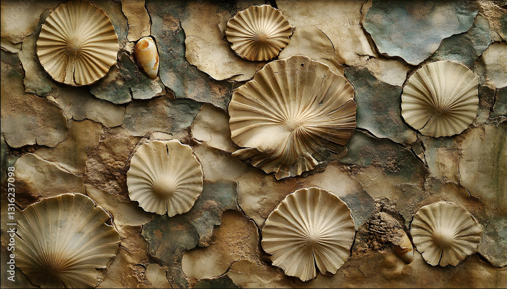 Aufkleber an abstract pattern resembling fossilized imprints of leaves and shells, rendered in muted earthy to