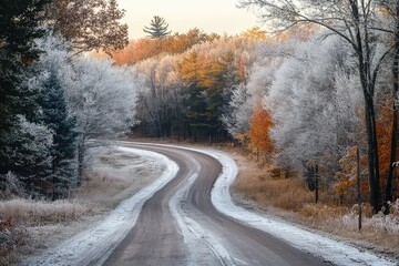Obraz premium A scenic autumn road winding through frost-dusted trees, leading into the horizon.