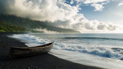 Obraz premium Dark sand beach, waves, and a wooden boat