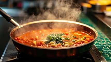 A symphony of vibrant colors unfolds as a burst of strobe light captures a steaming bowl of tomato soup, its surface glistening with garlic and basil oil. The counter, a mosaic of green tiles, adds a