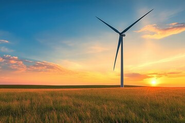 Obraz premium Wind turbine in a field at sunset, showcasing its generator and rotor against a vibrant sky.
