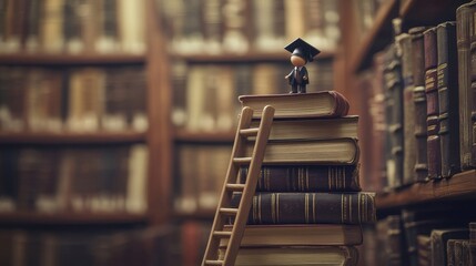 Concept of education illustrated with stacked books, a miniature graduation cap, and a wooden ladder in a vast library setting. Generative AI