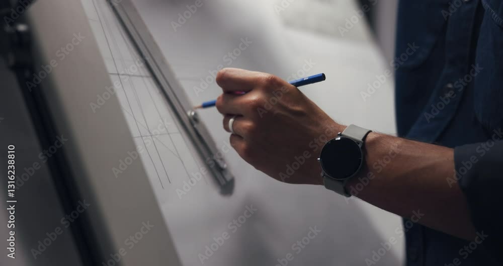 Poster hands, designer and drawing with ruler, board and lines for creativity, editing or process at compan