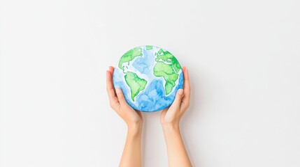 A pair of hands holds a painted globe, symbolizing care for the Earth and global awareness amid a minimalist background.