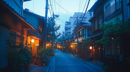 A beautiful japanese tokyo city town in the evening. houses at the street. anime comics artstyle. cozy lofi asian architecture. 16:9 4k resolution	
