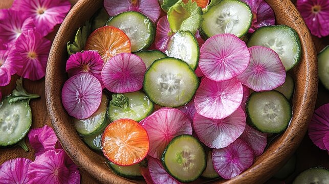 A detailed shot captures the vibrant hues of sliced pickles, their crispness emphasized by a wooden bowl that cradles their verdant form.