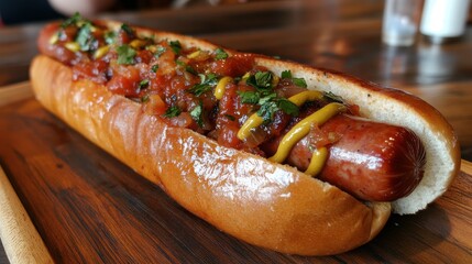A mouthwatering street food masterpiece, a simple hotdog adorned with a vibrant pinkish sausage, tangy mustard, and zesty ketchup, resting on a classic wooden plate, promising pure indulgence.