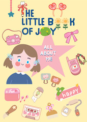 scrapbook design elements, card, cute cover, new cove, new book. Back to school, cartoon all about me and study, new students boy and girl