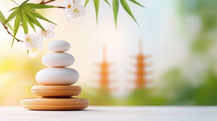 A serene arrangement of stacked stones surrounded by bamboo and blossoms, symbolizing tranquility and balance in a peaceful setting.