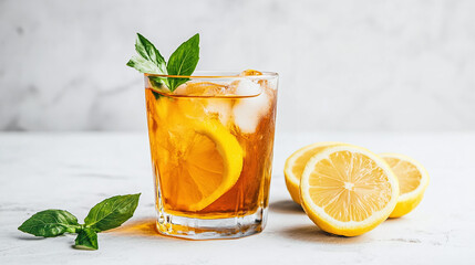 Fototapeta premium Iced Lemon Tea with Basil - Refreshing Summer Drink