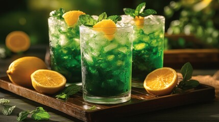 A vibrant Long Island Iced Tea, in its signature emerald glass, shimmered invitingly under the warm glow, adorned with a splash of zesty lemon and refreshing mint. Its verdant hues contrasted