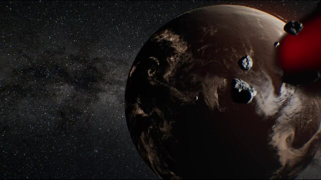 A 3D visualization of Earth during the late heavy bombardment, with asteroids and comets impacting the surface. Fiery explosions and craters depict the chaotic early Archean period, showcasing the