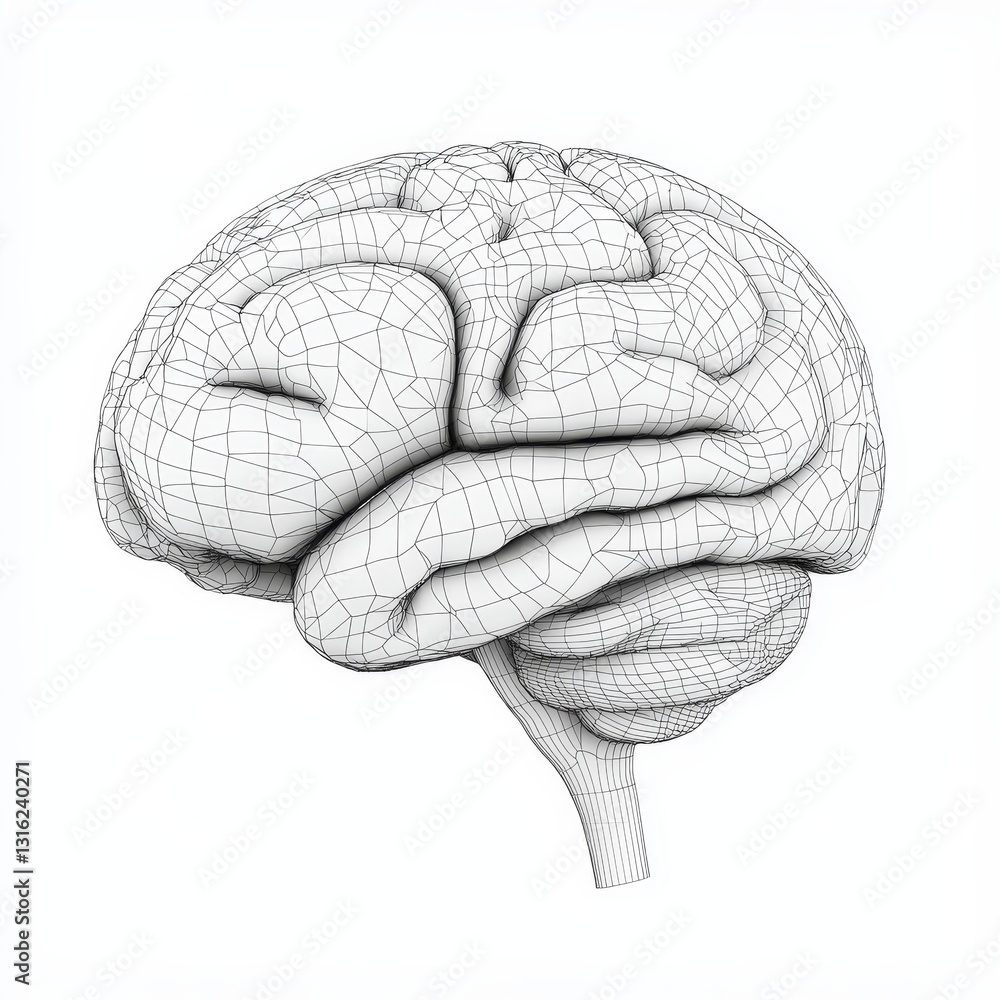 Poster the concept of a digital brain is illustrated through a wireframe model with a neural network, showc