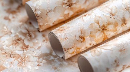 A close-up view of elegantly rolled floral-patterned wrapping paper with soft peach and cream hues, set against a blurred background of additional rolls