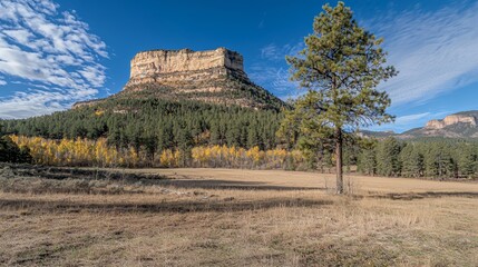 Autumn Landscape Featuring a Mesa and Pine Tree Under a Blue Sky