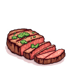 Grilled steak with chimichurri sauce being sliced on white background