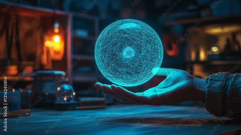 Poster an entrepreneur holds a luminous sphere composed of wireframe and polygon structures, representing a