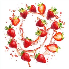 Swirling strawberries create a vibrant display of juice splashes on a clean white backdrop. Generative AI