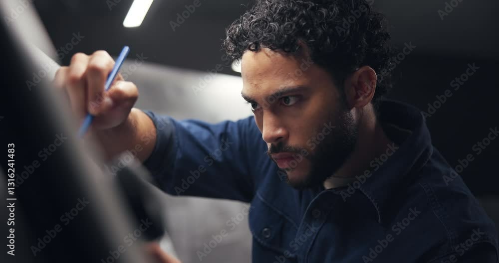 Aufkleber Drawing, night and man in studio for portfolio project with deadline for startup business visual communication. Sketching, creative and graphic designer sketch for art with brand prototype in office.