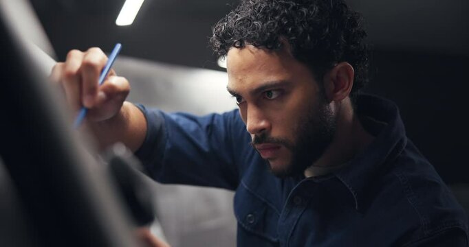 Drawing, night and man in studio for portfolio project with deadline for startup business visual communication. Sketching, creative and graphic designer sketch for art with brand prototype in office.