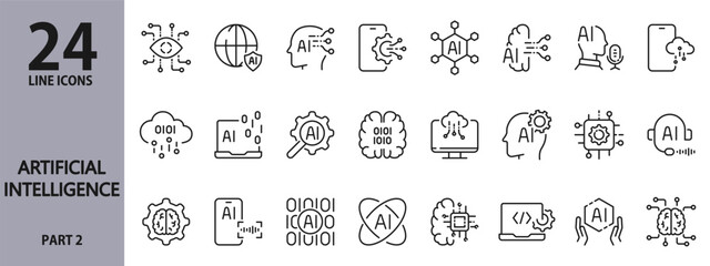 Artificial Intelligence line icons set with Internet, Intelligence, Technology, Neural Network, Machine and more. Editable Stroke