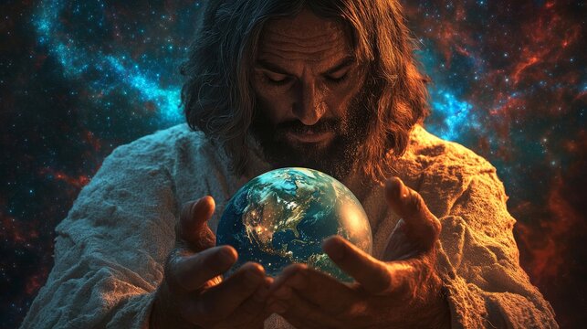 Divine creation and sacred earth embody a spiritual globe, where a faith journey unfolds, and a holy Christian world is embraced, within a peaceful religious universe connection, held by Jesus