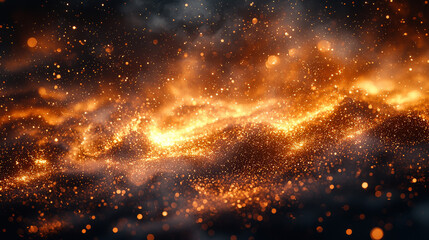 Cosmic explosion of golden particles outer space digital art nebula aerial view universe concept