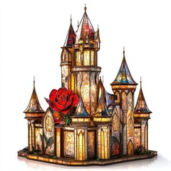 Illuminated stained-glass castle model with a red rose.
