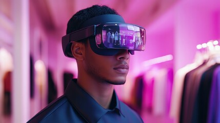 Young man wearing virtual reality headset in modern retail space