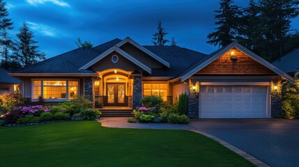 Beautiful suburban home exterior at twilight with garden and lights