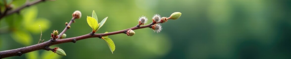 Willow twigs topped with clusters of tiny gray buds, buds, nature