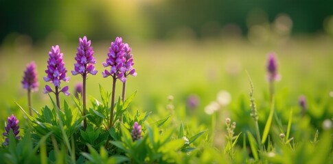 Obraz premium Wildflower growth of Ajuga reptans purple flowers in sunny field, growing, blooming, grass