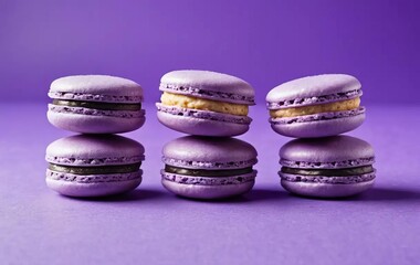 A row of macarons in shades of purple with lilies in the background