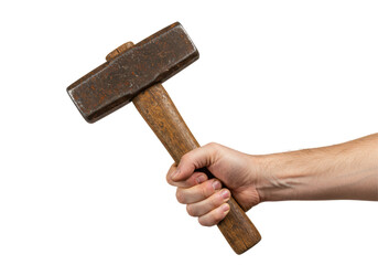 Isolated Hand Holding Heavy Sledgehammer with Wooden Handle for Construction