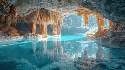 Stunning cave exploration underground water body nature photography crystal clear environment...