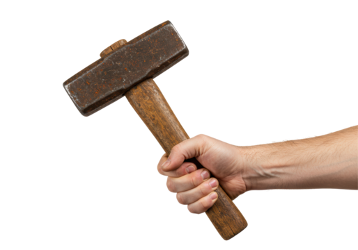 Isolated Hand Holding Heavy Sledgehammer with Wooden Handle for Construction