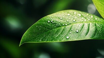 close up of exotic plants with dewdrops in a tropical jungle.
