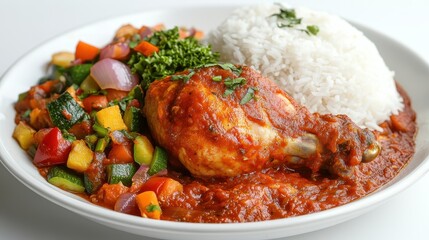 A hyper realistic image showcases a vibrant Jollof chicken dish, its rich tomato-based sauce glistening under the spotlight, served alongside fluffy white rice and a medley of colorful mixed