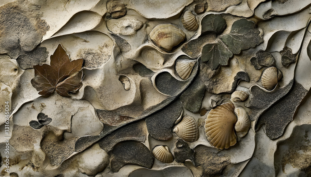 Aufkleber an abstract pattern resembling fossilized imprints of leaves and shells, rendered in muted earthy to