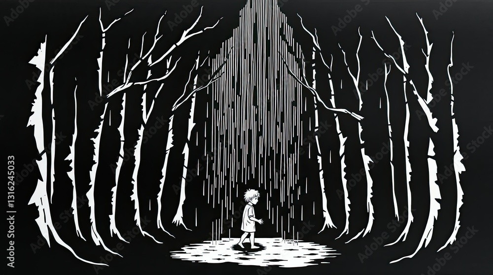 Poster a child stands alone in a dark forest surrounded by tall trees. rain falls vertically creating a str