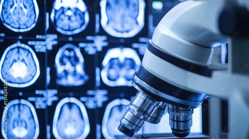 Poster brain scans and microscope in lab