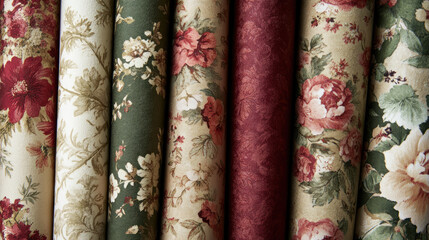 A collection of elegant floral patterned wallpapers showcasing rich colors and intricate designs, perfect for interior decoration inspiration