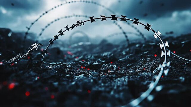 Intriguing landscape with barbed wire spiraling over rocky terrain under a dramatic sky
