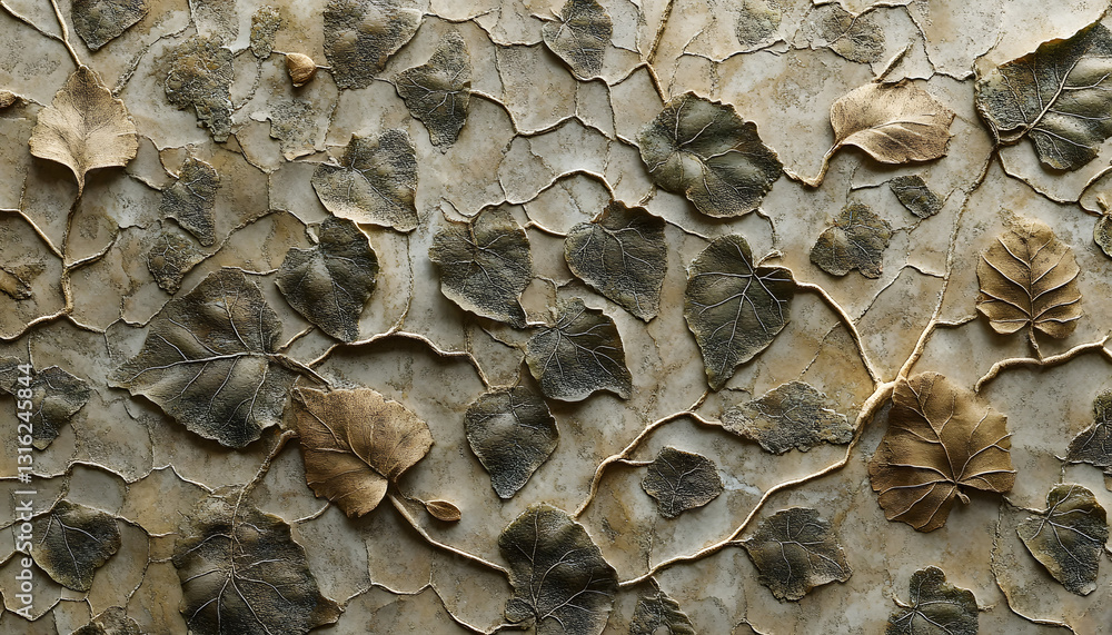 Aufkleber an abstract pattern resembling fossilized imprints of leaves and shells, rendered in muted earthy to