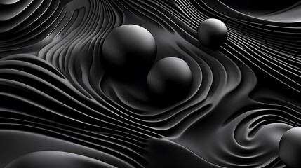 Abstract 3D Render: Black Spheres in a Swirling, Textured Landscape AI Generated