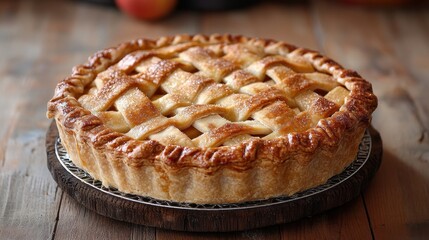 A warm, inviting apple pie rests on a rustic wooden table, its flaky crust radiating warmth and its juicy filling promising a burst of autumnal flavor.