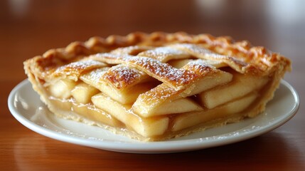 A golden apple pie, its crust flaky and golden, rested majestically on a white porcelain plate, its aroma wafting through the air, inviting one to partake in the sweet symphony of flavors.