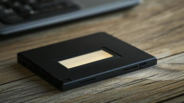 Black compact storage case placed on wooden table next to a laptop keyboard in a cozy workspace