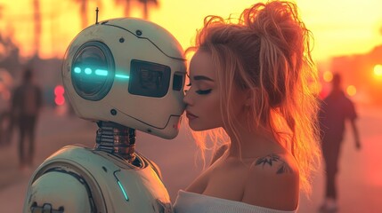 A sunset serves as the backdrop for a romantic encounter between a woman and a robot