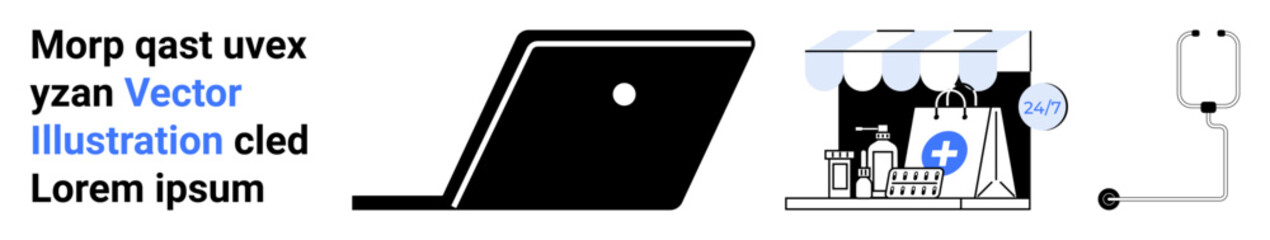 Laptop representing technology, online pharmacy storefront with health products, and IV bag denoting medical services. Ideal for telemedicine, e-commerce, tech in healthcare, health apps, remote